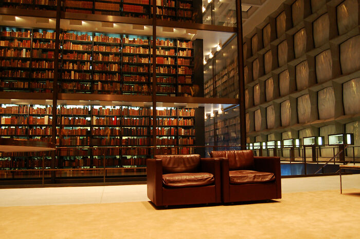 Two leather armchairs in a grandiose and cosy library with tall shelves filled with books and soft lighting.