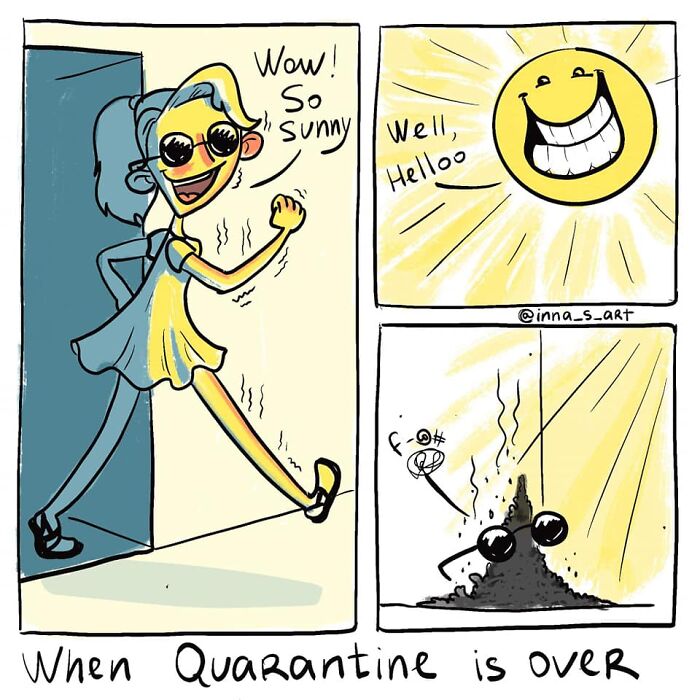 Cartoon by viral mom comics artist showing chaotic parenthood humor with bright sun and a frustrated pile of mess.