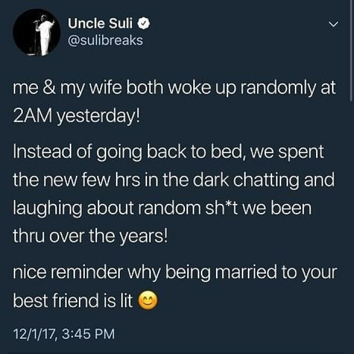 Tweet about a couple waking up at 2AM and spending hours chatting and laughing, showcasing wholesome feel-good moments.