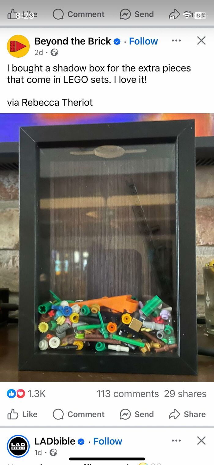 Shadow box filled with extra LEGO pieces displayed as a humorous craft shaming DIY project in a black frame.