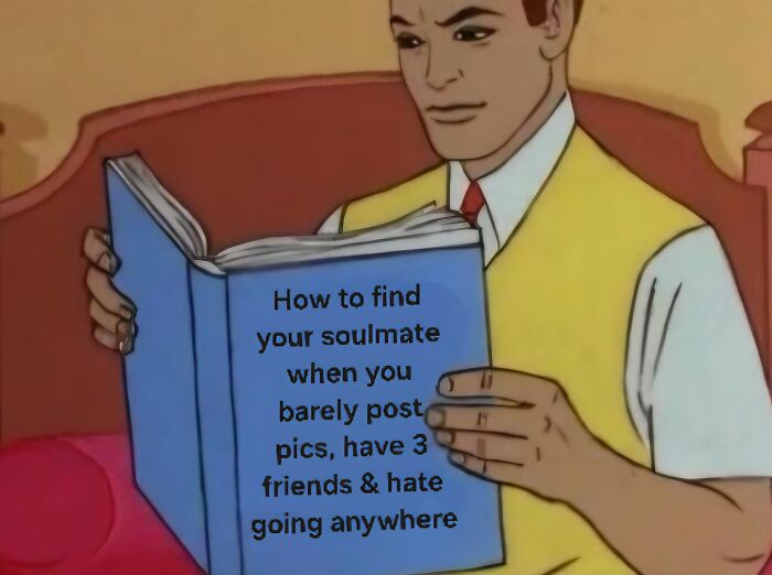 Man in yellow vest reading a funny meme book about finding a soulmate despite having few friends and online posts.