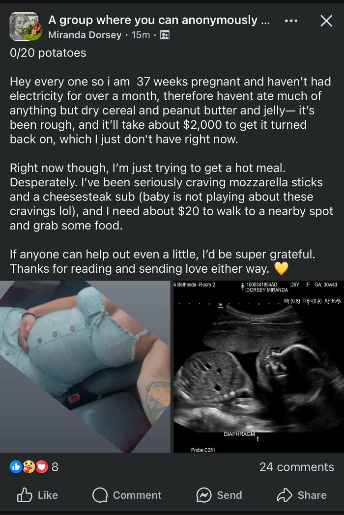 Pregnant single mom shares struggle with no electricity and food cravings, seeking help in online entitled single moms group.