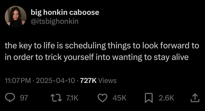 Tweet about scheduling things to look forward to as a relatable meme that resonates with many social media users.