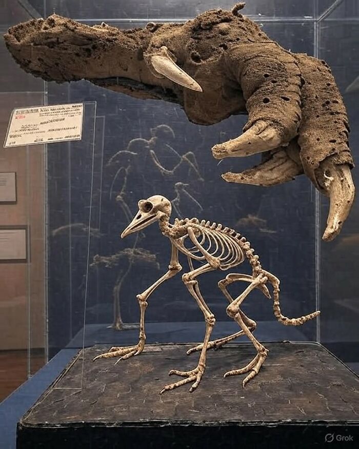 Bird skeleton displayed under a preserved large claw in a museum exhibit showcasing archaeology world artifacts.