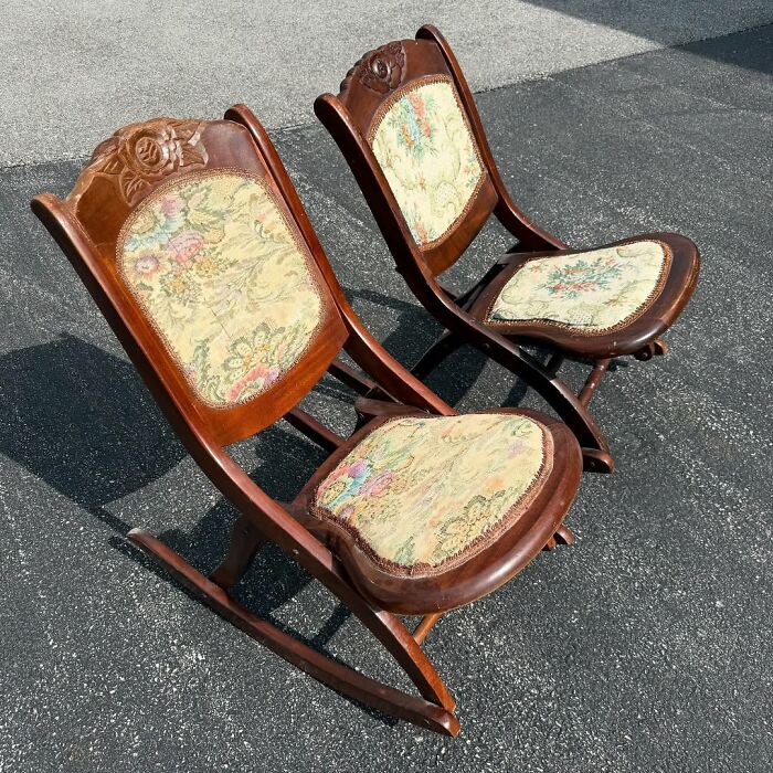 Pair of vintage wooden rocking chairs with floral upholstery, perfect cool secondhand finds for classic home decor.