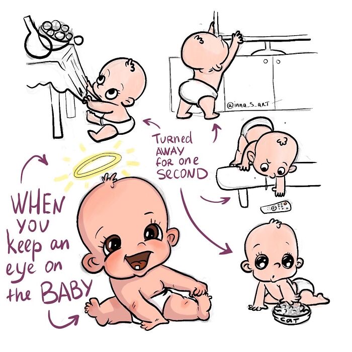 Illustration from viral mom comics showing various baby moments capturing the chaos and humor of parenthood.