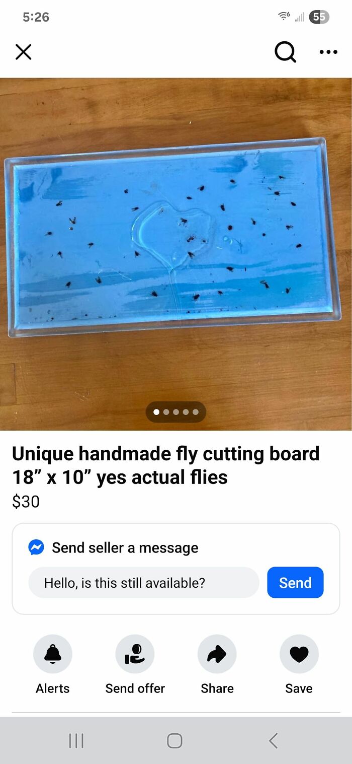Handmade DIY fly cutting board measuring 18 by 10 inches with actual preserved flies embedded in resin.