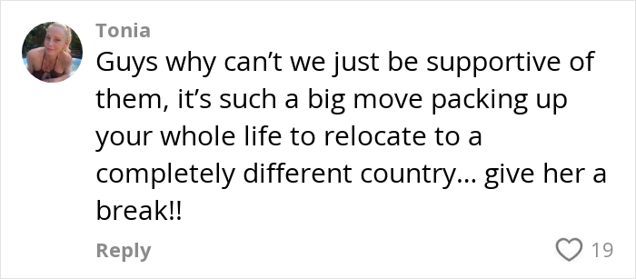Comment from Aussie influencer in the US asking for support after relocating, sparking outrage over cost of living complaints