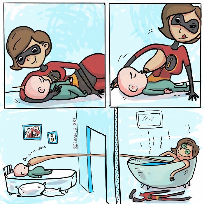 Comic art showing chaotic parenthood moments with a mom multitasking between baby care and self-relaxation.