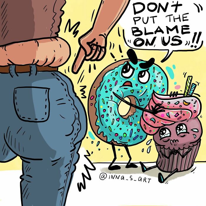 Cartoon from viral mom comics showing a donut and cupcake defending themselves against blame for weight gain.