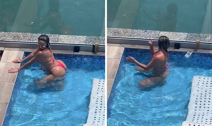 Influencer in a pink bikini posing provocatively in a small pool, showcasing unhinged behavior for views and attention.