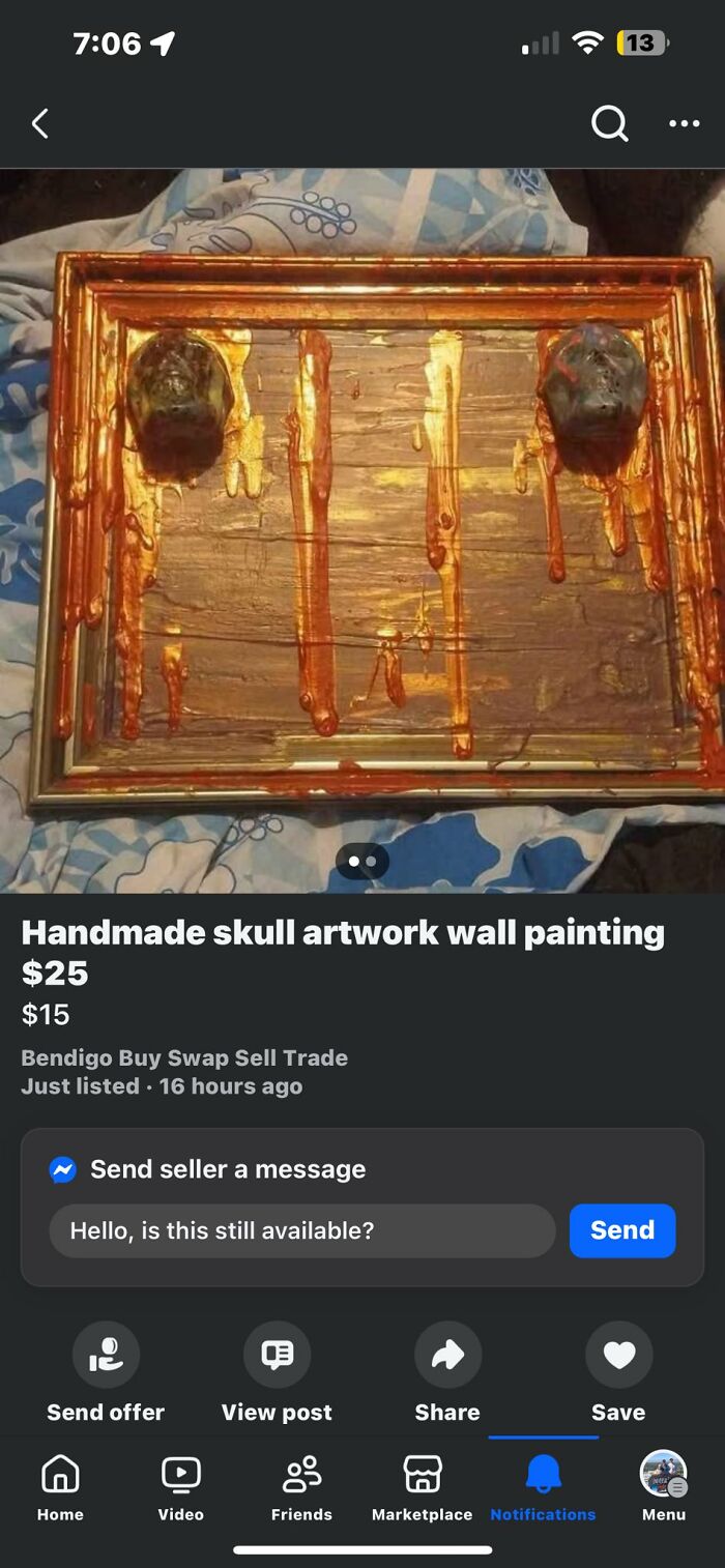 Handmade skull DIY craft project with dripping paint on framed board, showing a horrendous DIY project that needed shaming.