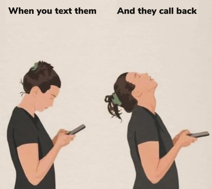 Introvert reacting with anxiety and frustration when they receive a phone call after texting in a relatable meme about everyday life.