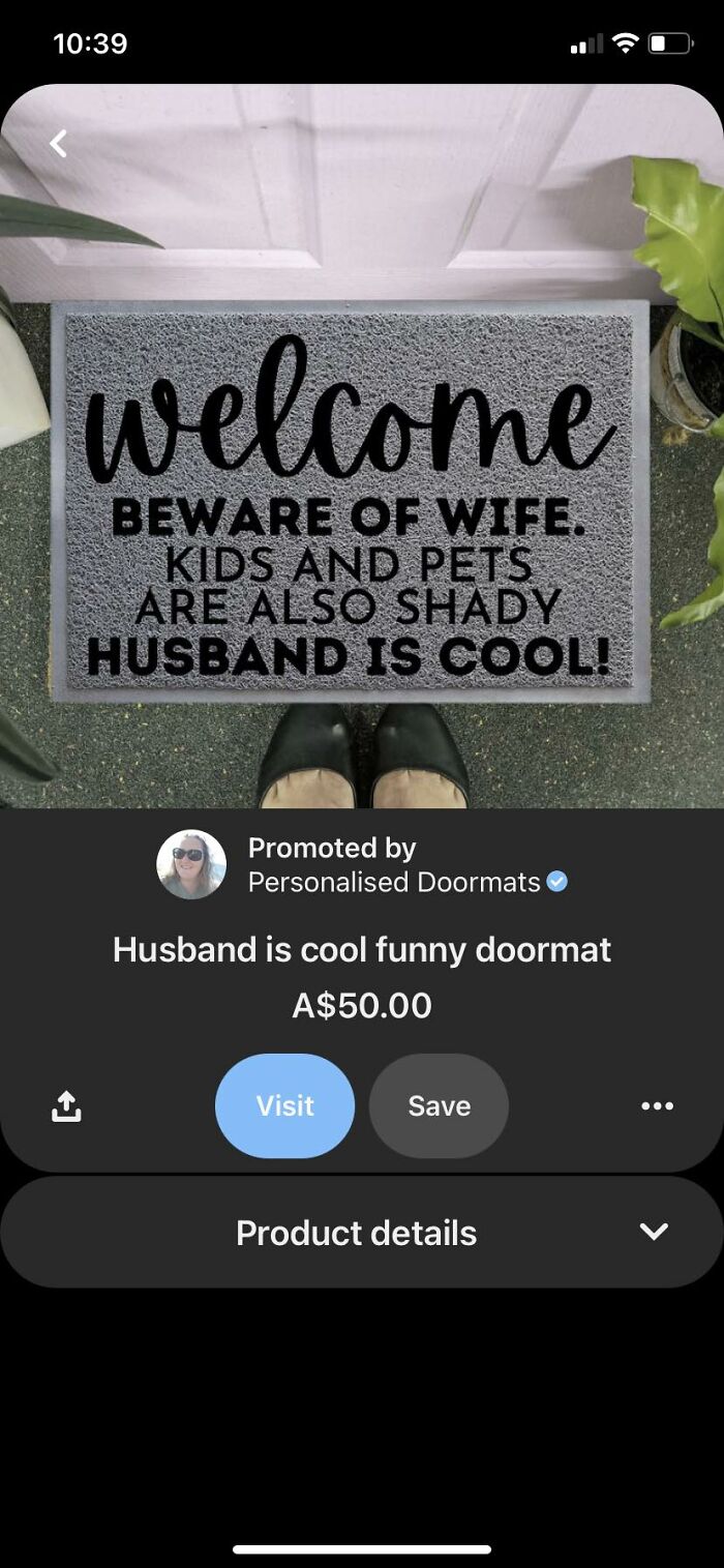 Welcome doormat with humorous text about relationships, kids, pets, wife, and husband, showing relationships are not always great.