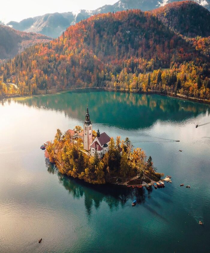Aerial view of a small island with a church surrounded by a lake and autumn forest in breathtaking travel photos.