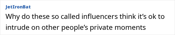 Text post about pushy influencer being rejected, questioning why influencers intrude on private moments.