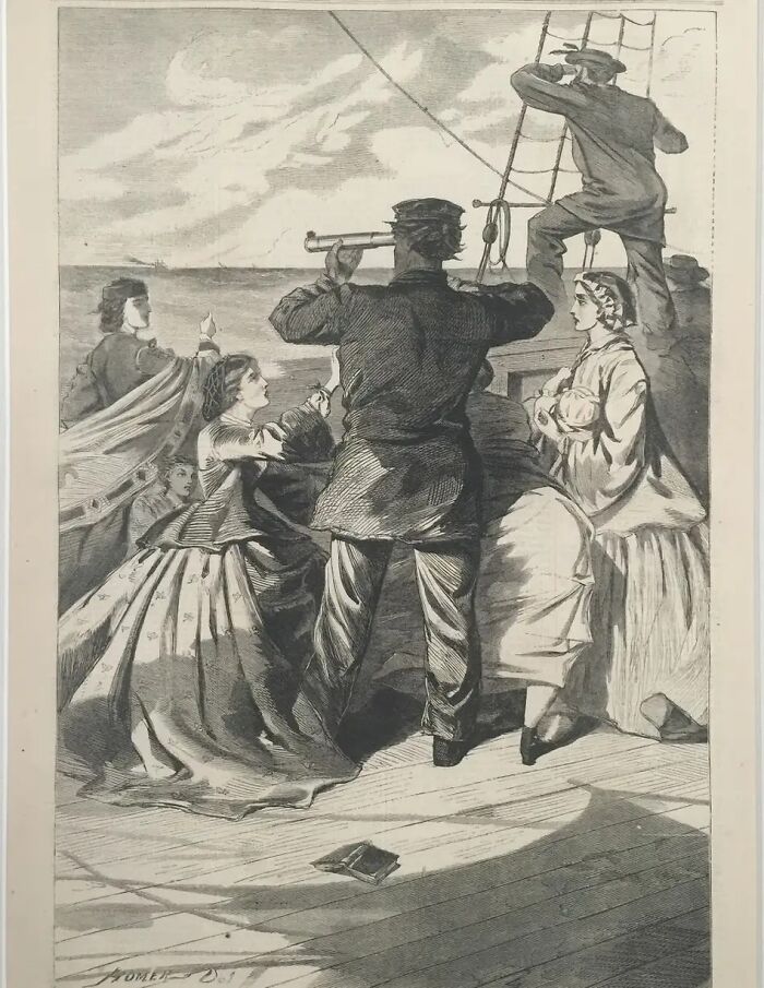 Black and white drawing of people on a ship deck looking out to sea, depicting Grace O’Malley commanding ships.