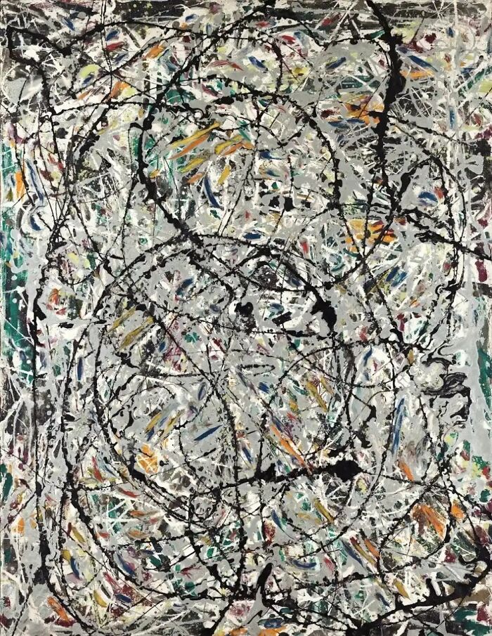 Abstract painting with intricate black lines and colorful splashes, inspired by historical facts to amaze you.