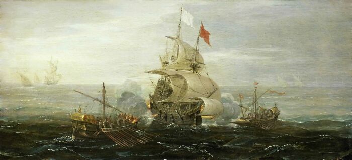 Historic naval battle scene with ships on rough seas representing Grace O’Malley commanding ships and fighting armies.
