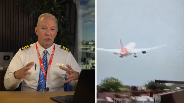 Expert pilot explaining theory on simple mistake possibly causing tragic Air India crash with plane landing in background.
