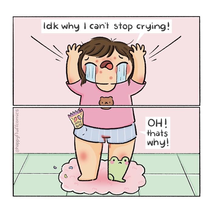 Cartoon of Akshara Ashok's comics showing a crying character with jelly belly in pocket, highlighting relatable therapy humor.