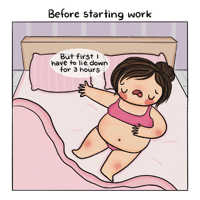 Comic illustration by Akshara Ashok showing a tired woman lying in bed, capturing relatable and hilarious therapy moments.