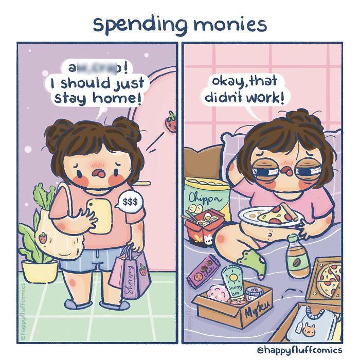 Comic by Akshara Ashok showing relatable spending struggles and cozy snack therapy at home.