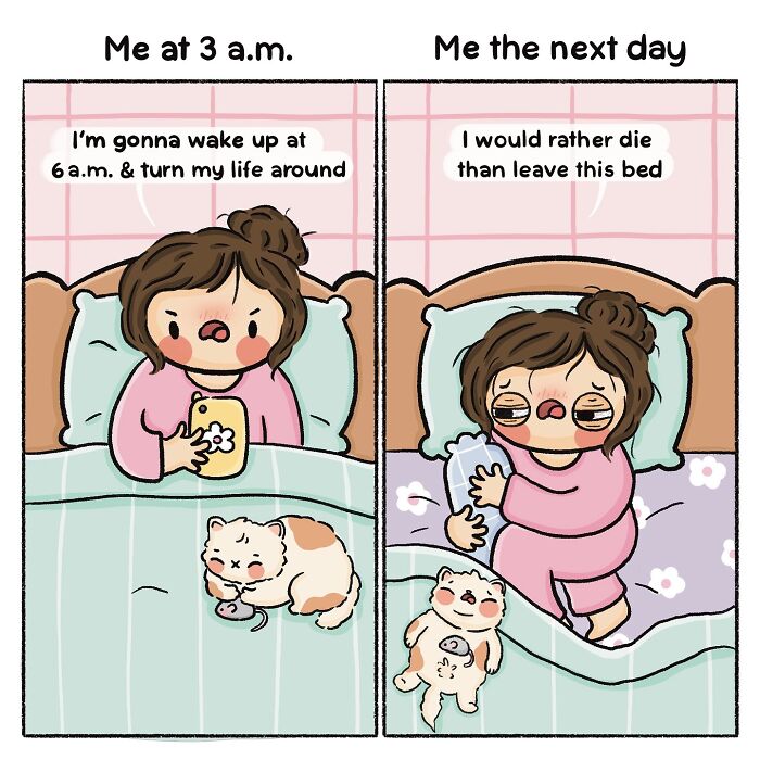 Comic by Akshara Ashok showing relatable late night motivation and the struggle to get out of bed the next day.