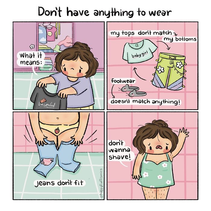 Akshara Ashok comic showing relatable fashion struggles and humorous therapy through illustrations of clothing and self-care.