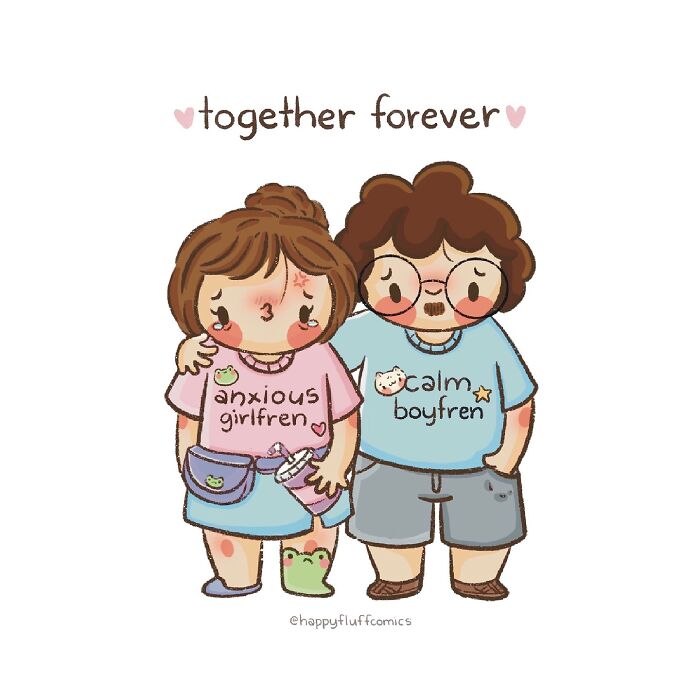 Illustration from Akshara Ashok's comics showing an anxious girlfriend and calm boyfriend holding hands with caption together forever.