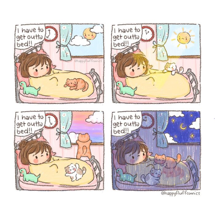 Cute Akshara Ashok comic showing a girl struggling to get out of bed with her cats throughout the day.