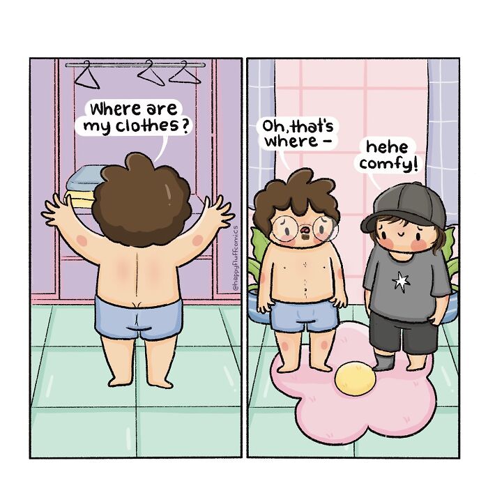 Comic by Akshara Ashok showing a humorous and relatable moment with two characters in a bathroom setting.