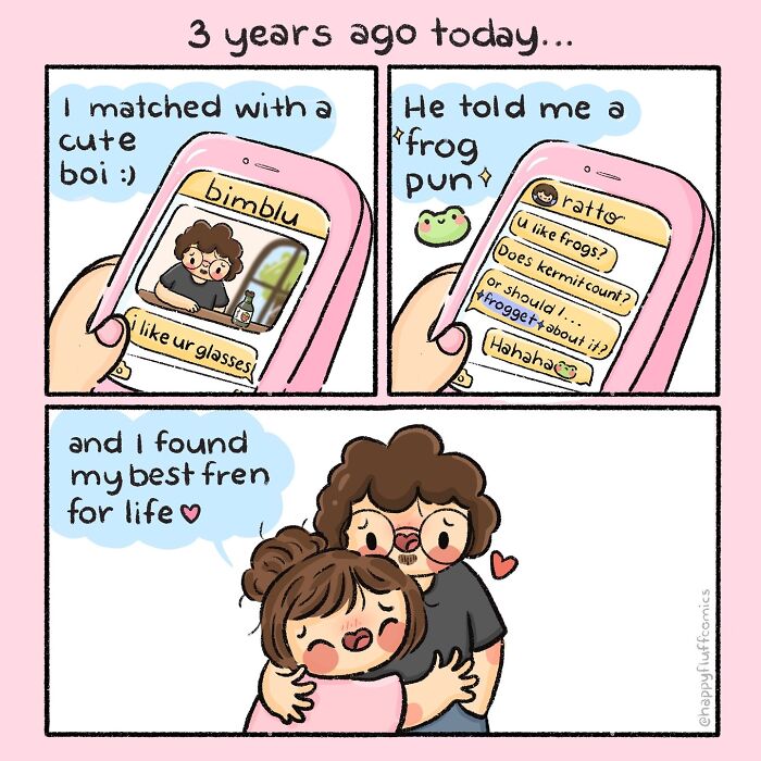 Akshara Ashok's comics showing a cute couple bonding with funny and relatable messages on a pink phone screen.