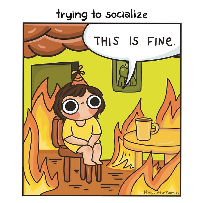 Comic by Akshara Ashok showing a relatable scene of trying to socialize amid chaos with humor and quirky art style.