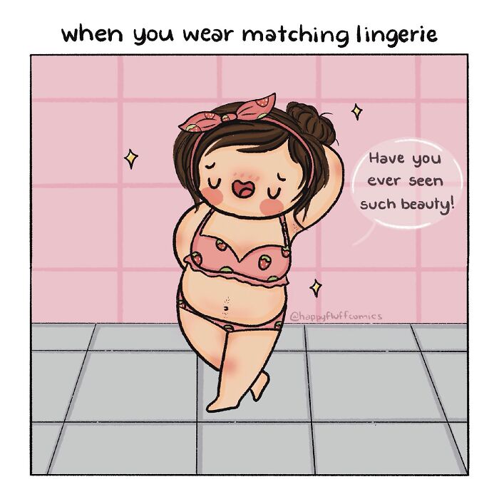 Cartoon of a joyful woman confidently wearing matching lingerie in a humorous and relatable Akshara Ashok comic.
