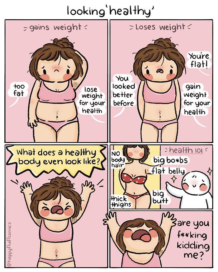 Comic by Akshara Ashok showing body image struggles and the relatable theme of looking healthy in different shapes.