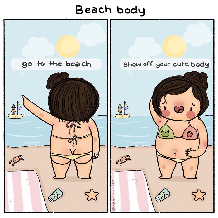 Chubby woman in a bikini at the beach, humorously showing confidence in Akshara Ashok's relatable comic style.