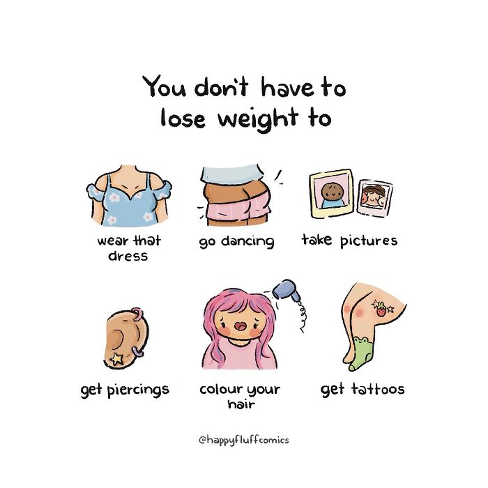 Illustration from Akshara Ashok's comics showing funny and relatable body positivity and self-expression messages.