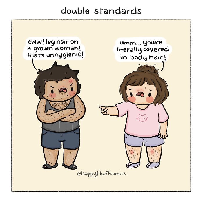 Comic by Akshara Ashok depicting double standards about body hair with humorous and relatable therapy message.