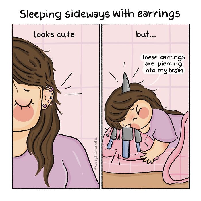 Akshara Ashok's comics showing a girl struggling to sleep sideways due to earrings causing discomfort and pain.