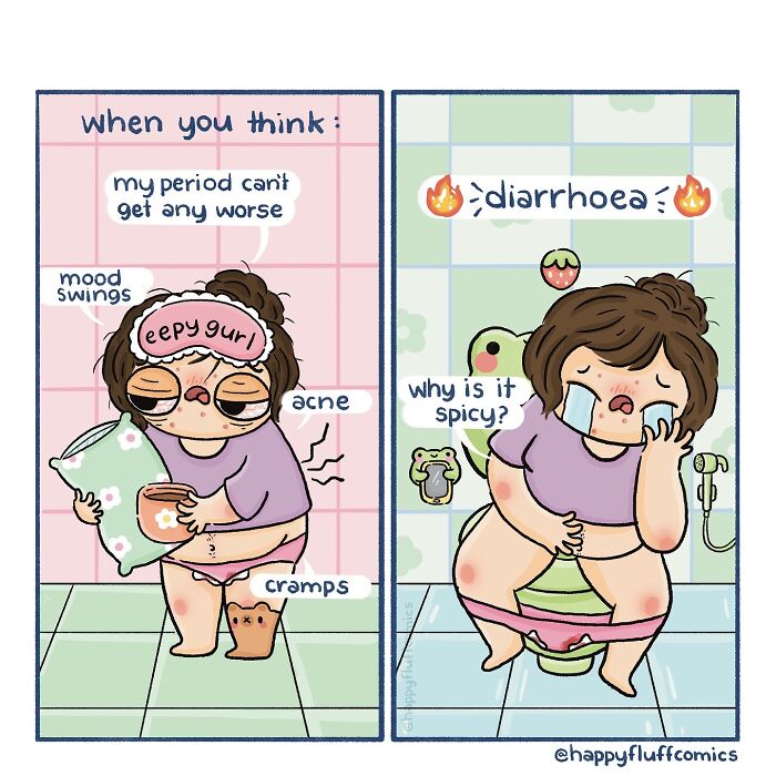 Illustration from Akshara Ashok's comics showing a woman experiencing period cramps and diarrhea humorously.