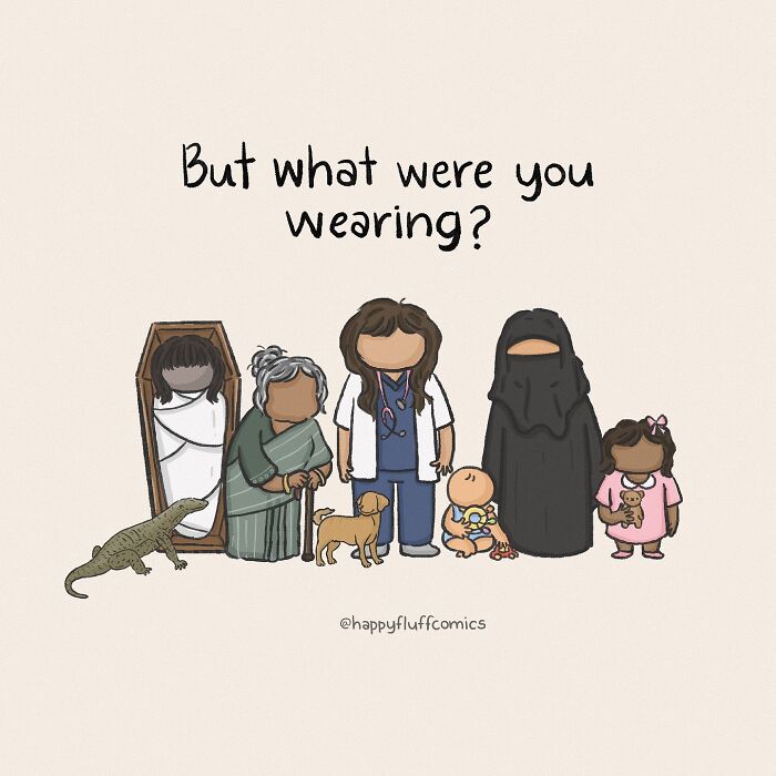 Illustration from Akshara Ashok's comics showing diverse characters with the text but what were you wearing above them.