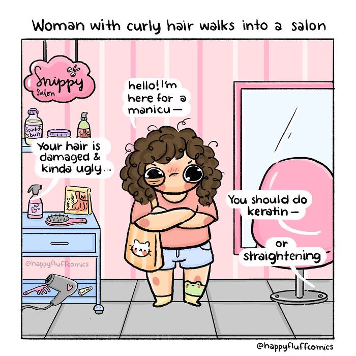 Cartoon of a woman with curly hair at a salon, showcasing Akshara Ashok's comics as relatable therapy humor.