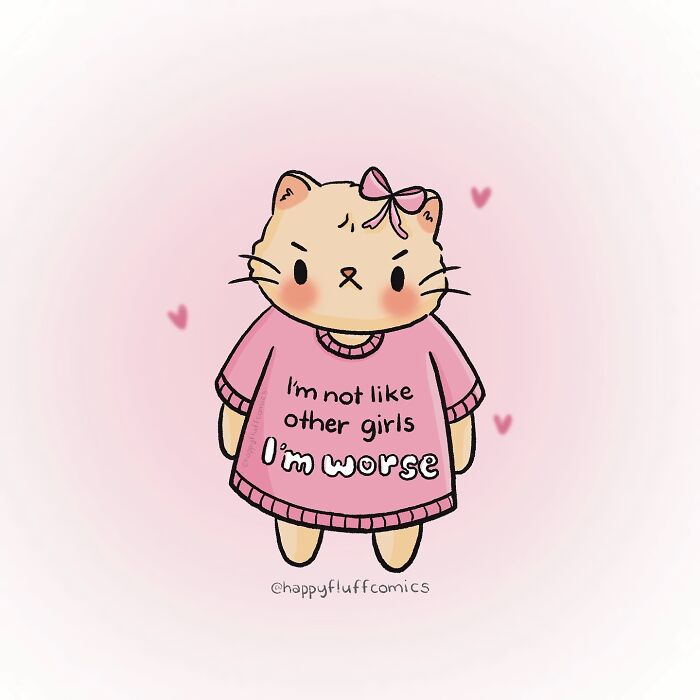 Cute cat character wearing a pink dress with humorous text, from Akshara Ashok's comics known for relatable therapy.