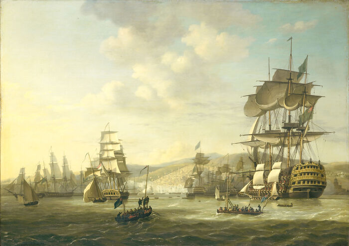 Historic painting of large sailing ships at sea, representing Grace O’Malley’s command of ships and naval power.
