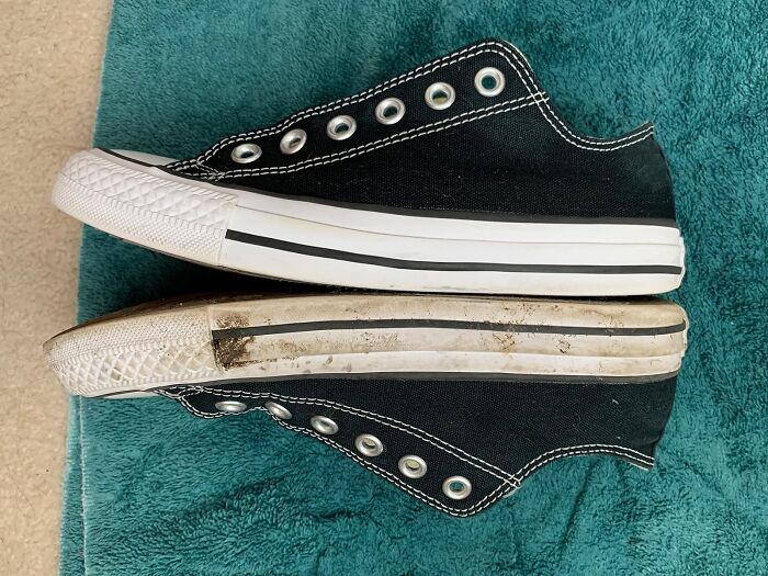 Side-by-side comparison of a low-effort, high-reward shoe cleaning hack showing a dirty and clean black sneaker.