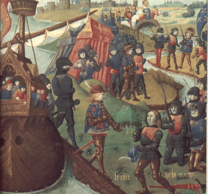 Medieval soldiers and knights near a ship, depicting Grace O’Malley’s command of ships and battles in historical setting.