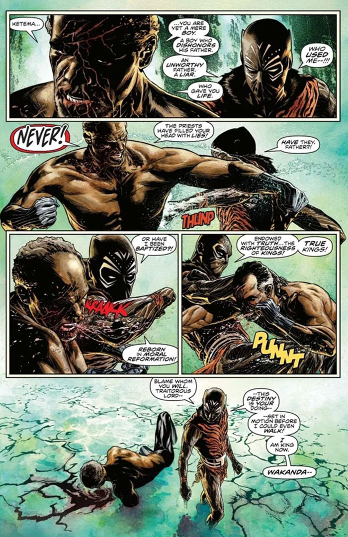 Comic scene showing Black Panther in combat with a man, highlighting intense action and dynamic dialogue in Marvel storyline.