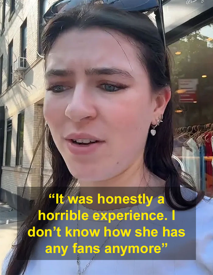 Young woman sharing story about Blake Lively's alleged rude behavior during a recent shopping trip outdoors.