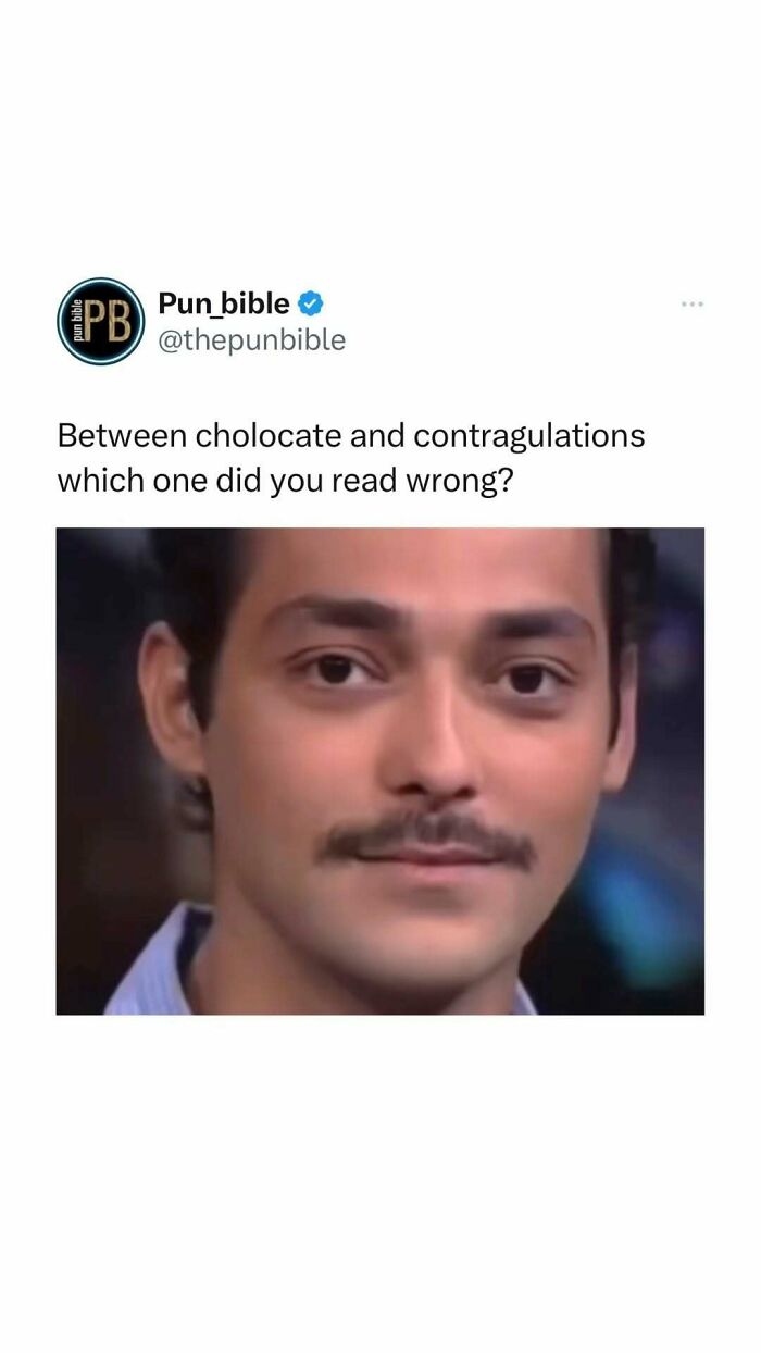 Tweet from pun_bible with pun meme about misreading words, accompanied by a man’s amused facial expression in a close-up shot.